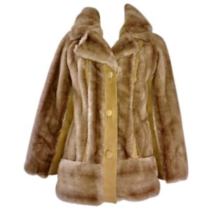 Luxurious light brown faux fur coat with wide lapels and large buttons. The plush texture conveys warmth and elegance, ideal for winter fashion.