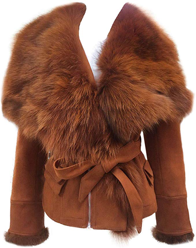 womens-slim-fit-faux-suede-real-fox-leather-winter-short-coat Women's Slim Fit Faux Suede Real Fox Leather Winter Short Coat - Image 1