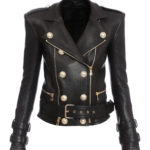 Women's Structured Button-Front Black Leather Jacket
