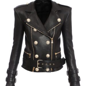 Women's Structured Button-Front Black Leather Jacket