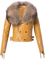 Stylish women's yellow leather jacket with double-breasted design, fur collar, and zippered sleeves, perfect for edgy fashion statements.