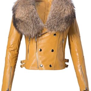 Stylish women's yellow leather jacket with double-breasted design, fur collar, and zippered sleeves, perfect for edgy fashion statements.