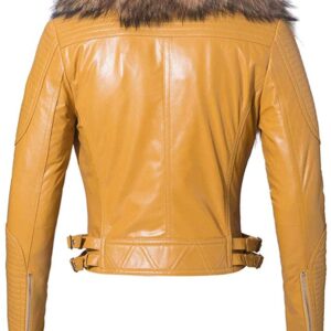 A vibrant yellow real leather moto jacket for women, featuring a fluffy fur collar, black buttons, and sleek side zippers for a bold, modern look.
