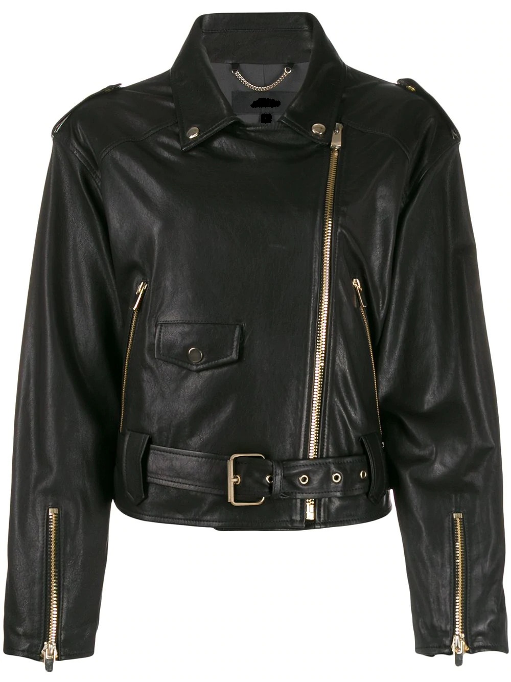 A person wearing a black leather biker jacket with zippers and silver hardware over a black turtleneck. The outfit is paired with a black and white patterned skirt. The tone is stylish and edgy. A person wearing a black leather biker jacket with zippers and silver hardware over a black turtleneck. The outfit is paired with a black and white patterned skirt. The tone is stylish and edgy.