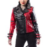 Women's Two Tone Black & Red Leather Brando Jacket Silver Studs