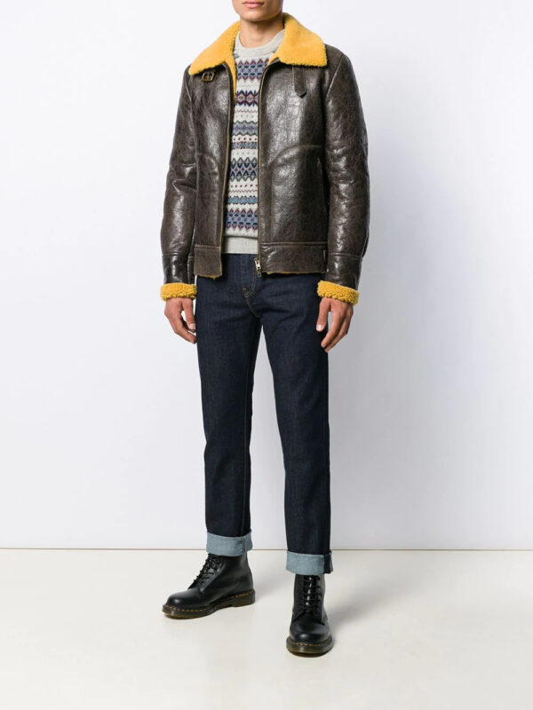 Brown Leather Shearling Lined Hooded Jacket - Image 2