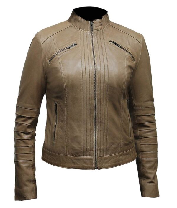 Womens Beige Biker Leather Jacket - Image 3
