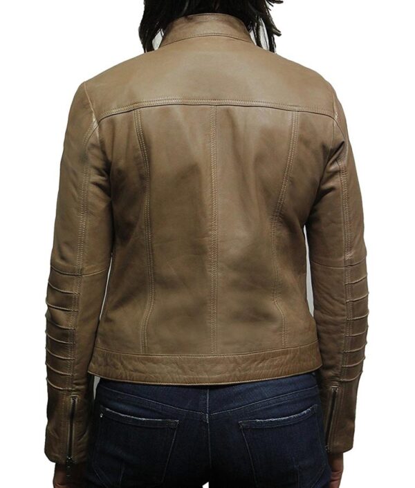 Womens Beige Biker Leather Jacket - Image 4