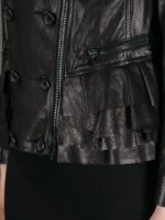 Women's Black Button Detail Leather Jacket - Image 5