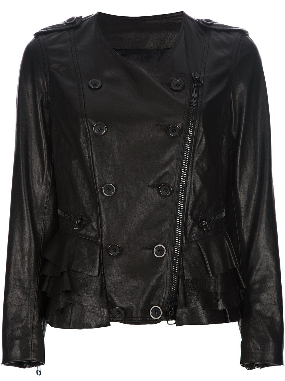 womens-black-button-detail-leather-jacket Women's Black Button Detail Leather Jacket - Image 1