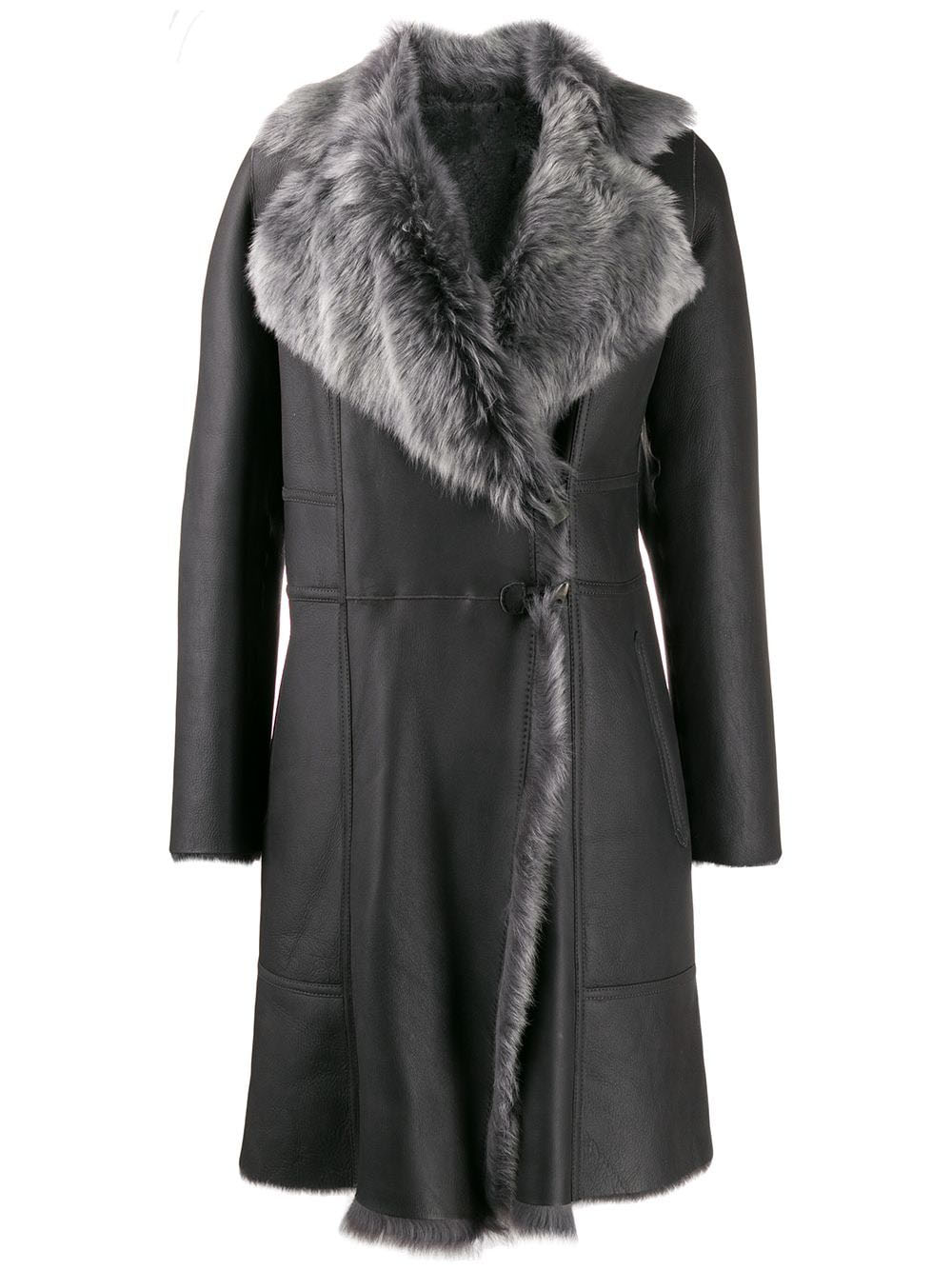 womens-black-fur-collar-coat Women's Black Faux Fur Collar Coat - Image 1