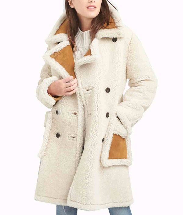 Women’s Double Breasted White Shearling Coat - Image 2