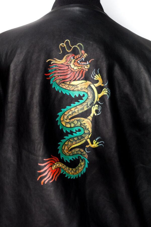 Women's Hand Painted Dragon and Koi Leather Bomber - Image 5