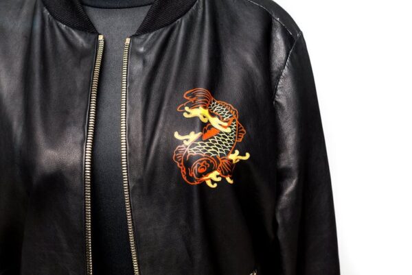 Women's Hand Painted Dragon and Koi Leather Bomber - Image 2