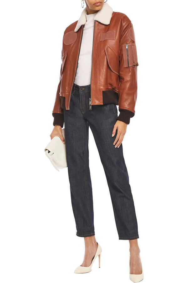 Women's Shearling Lined Fur Trimmed Leather Jacket - Image 2