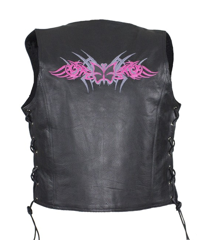 womens-studded-pink-butterfly-gun-pocket-leather-vest (3) Women's Studded Pink Butterfly Gun Pocket Leather Vest - Image 1