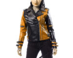Women's Two Tone Black & Orange Leather Jacket Silver Studs