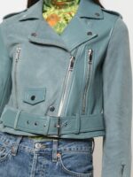 Aqua Blue Leather Mya Cropped Jacket - Image 3