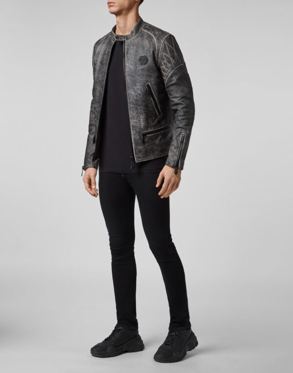 Black Classic Leather Moto Jacket Skull - Image 3