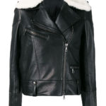 Black Lambskin Shearling Collar Biker Jacket