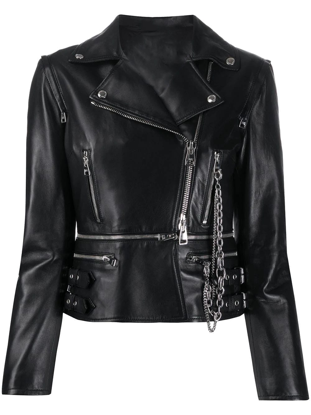 Black Leather Cropped Zip Up Biker Jacket