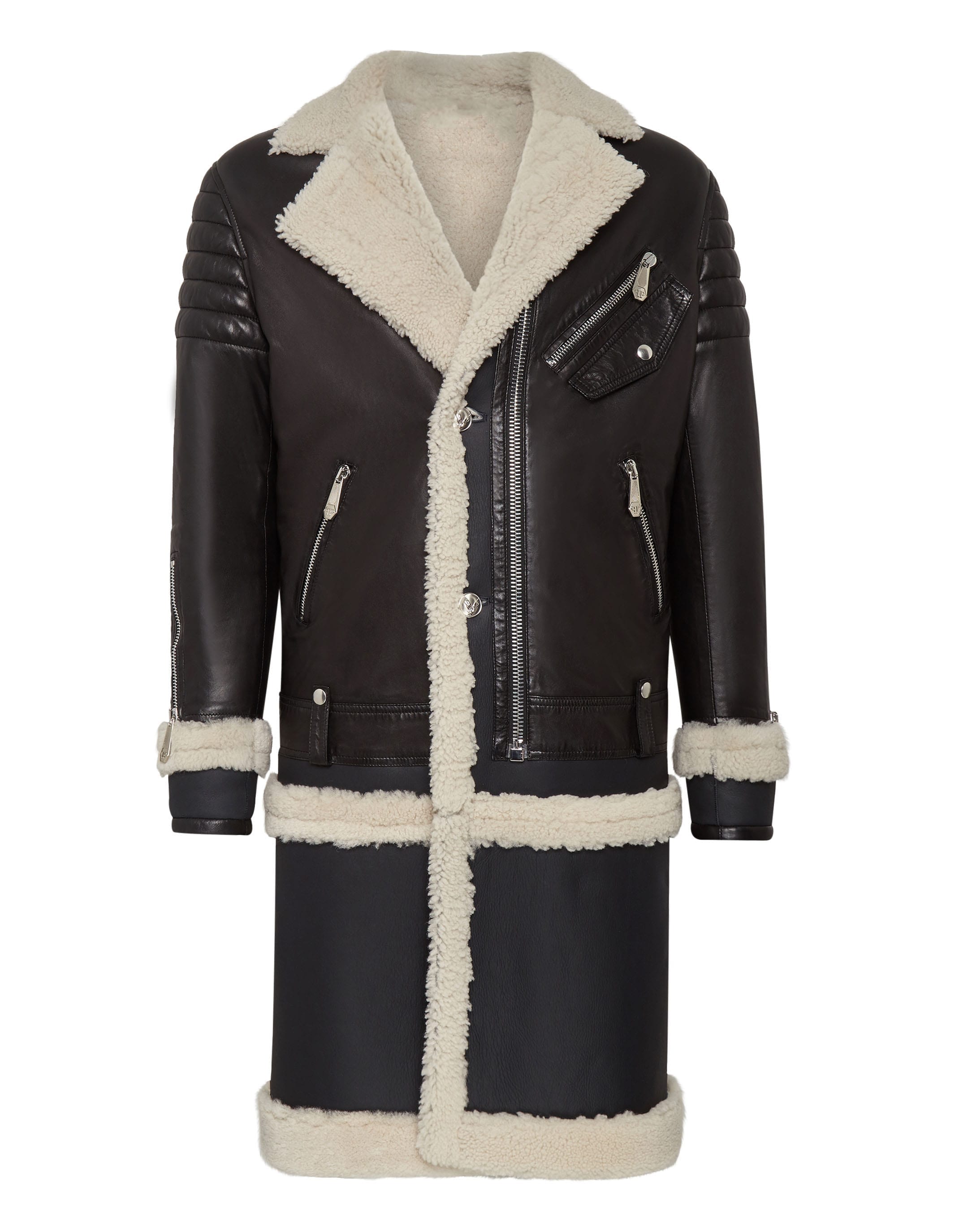 Black Leather Sheepskin Fur Long Coat