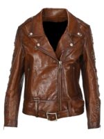 Brown Multi Studded Biker Leather Jacket