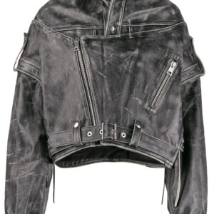 Grey Leather Distressed Biker Jacket