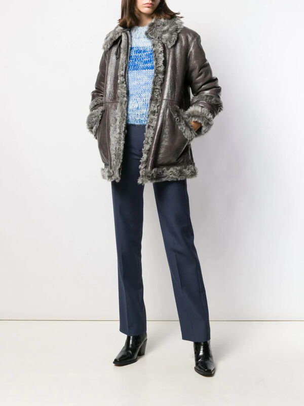 Grey Sheepskin Shearling Zipped Jacket - Image 2