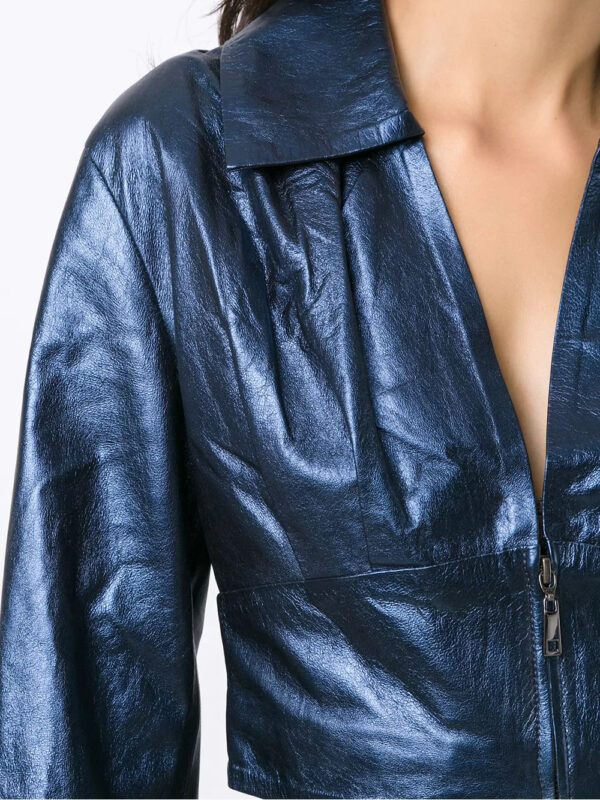 Navy Blue Cropped Leather Jacket - Image 5