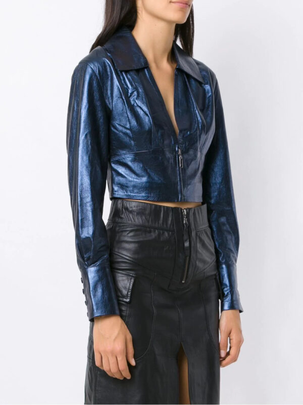 Navy Blue Cropped Leather Jacket - Image 2