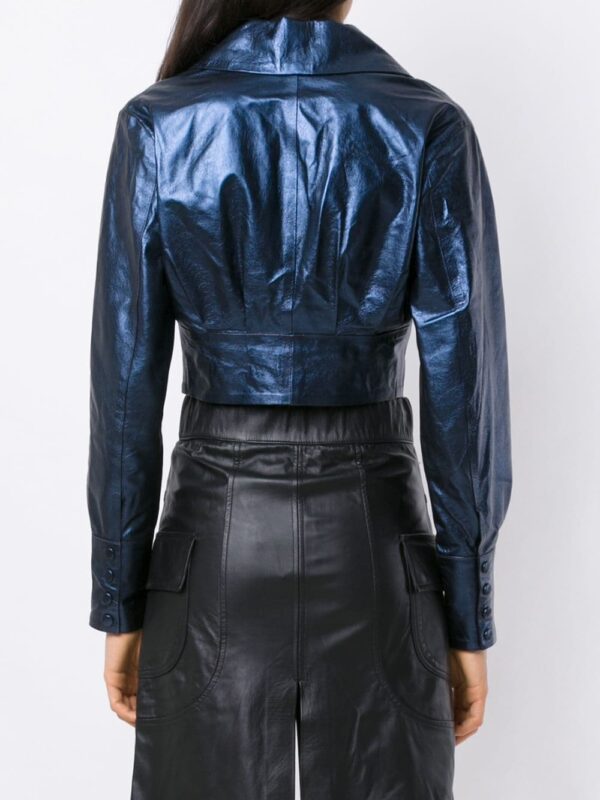 Navy Blue Cropped Leather Jacket - Image 4