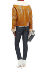 Shearling Trimmed Crinkled Patent Fur Leather Jacket Back