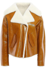 Shearling Trimmed Crinkled Patent Fur Leather Jacket