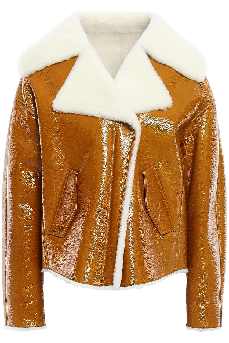 Shearling Trimmed Crinkled Patent Fur Leather Jacket Shearling Trimmed Crinkled Patent Fur Leather Jacket