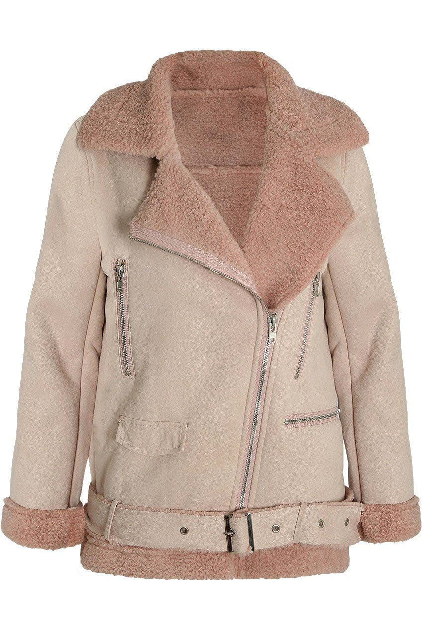 womens-faux-suede-fur-lining-shearling-leather-coat Women's Faux Suede Fur Lining Shearling Leather Coat - Image 1