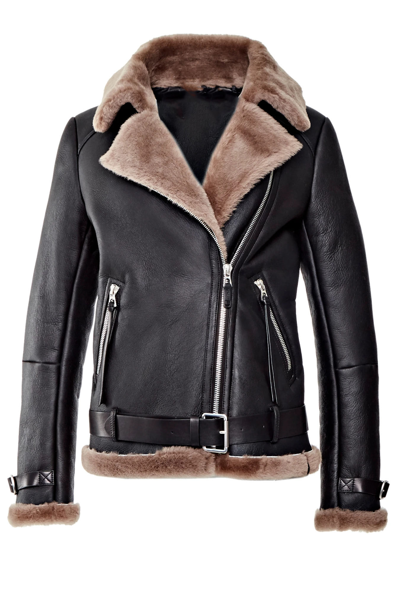 Black Fur Leather Jacket with Brown Shearling Trimming Black Fur Leather Jacket with Brown Shearling Trimming - Image 1
