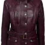 Cherry Red Casual Military Collar Rock Leather Jacket