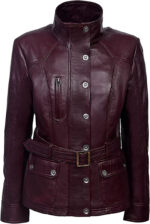 Cherry Red Casual Military Collar Rock Leather Jacket