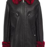 Black Shearling Trimmed Textured Leather Jacket