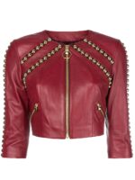 Maroon Studded Cropped Leather Jacket