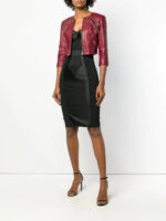Maroon Studded Cropped Leather Jacket - Image 2