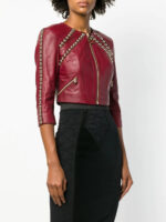 Maroon Studded Cropped Leather Jacket - Image 3