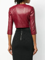 Maroon Studded Cropped Leather Jacket - Image 4