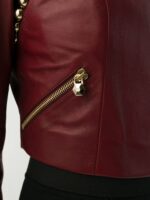 Maroon Studded Cropped Leather Jacket - Image 5