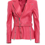 Pink Classic Lambskin Leather Biker Coat