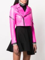 Pink Sheepskin Zip Cropped Jacket Front