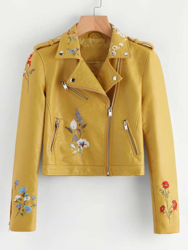 Botanical Faux Embroidered Zipper (2) Faux Embroidered Zipper Detail Biker Leather Jacket - Image 1