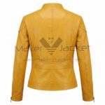 Back View of Ninja Turtles Megan Fox Yellow Leather Jacket featuring a stand-up collar, curved yoke seams, and a vertical center stitch design.