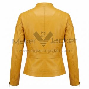 Back View of Ninja Turtles Megan Fox Yellow Leather Jacket featuring a stand-up collar, curved yoke seams, and a vertical center stitch design.